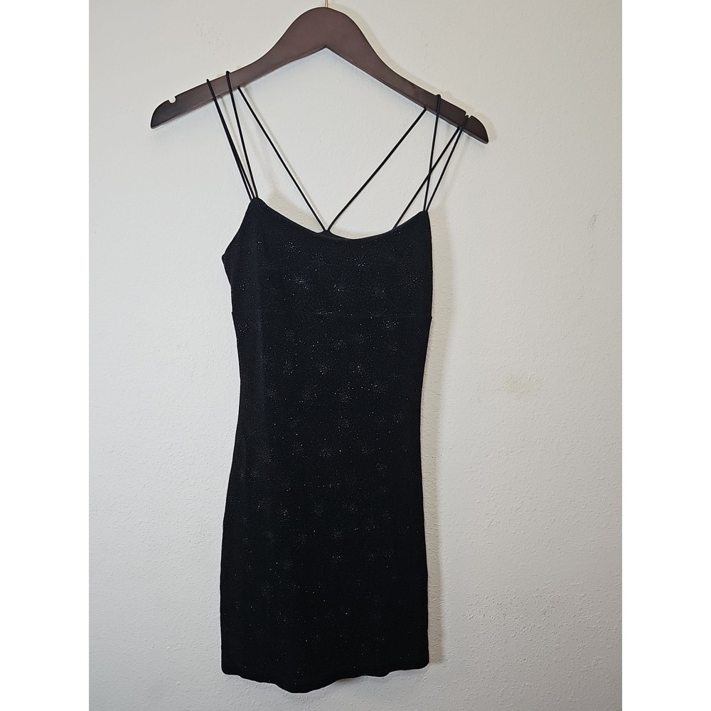 Y2K  Small Black Women's Mini Dress Glitter Spaghetti Straps‎ Fairy Grunge Byer